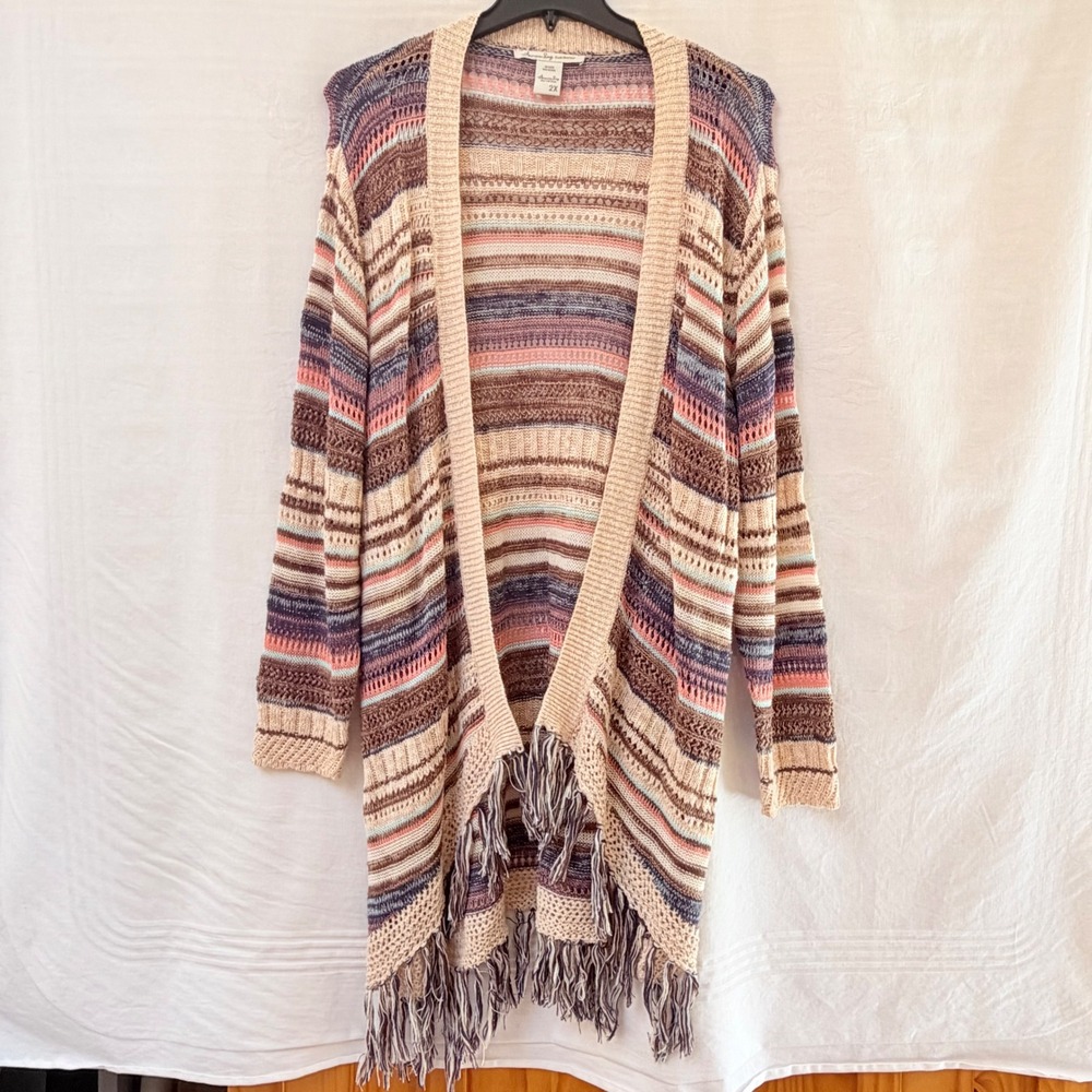 American Rag Cardigan Womens 2X Multicolor Boho Striped Fringe Open Knit Duster